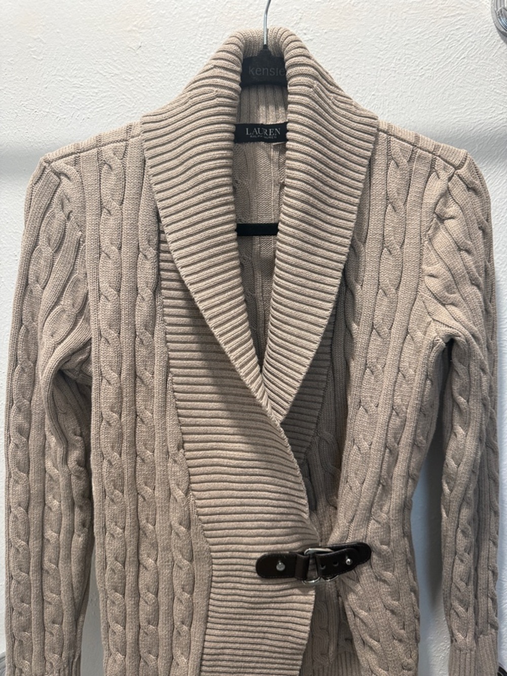 Lauren Ralph Lauren Beige Cable-Knit Shawl Collar Cardigan with Buckle - Picture 5 of 9